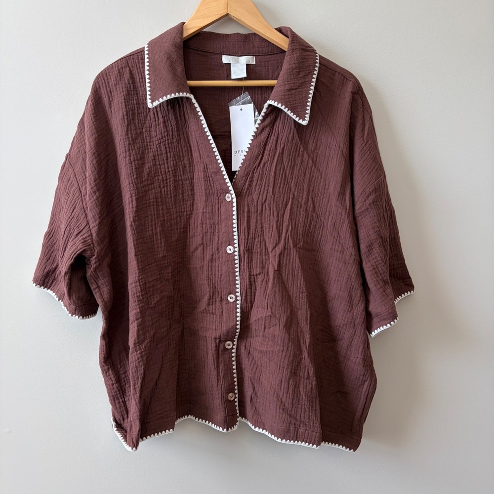 Design History Cotton Gauze Ric Rac Trim Button Down Top Chicory Coffee 2X NEW